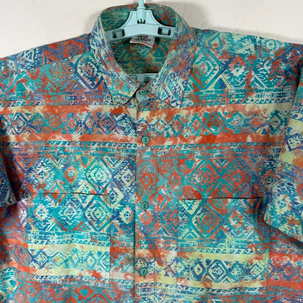 Rum Reggae Shirt Mens Large Blue Button Up Aztec Floral Hawaiian Camp Batik